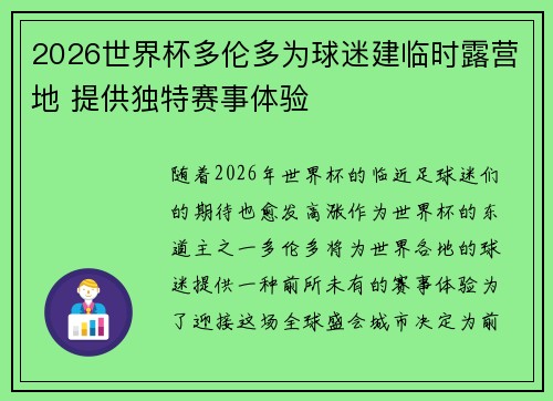 2026世界杯多伦多为球迷建临时露营地 提供独特赛事体验