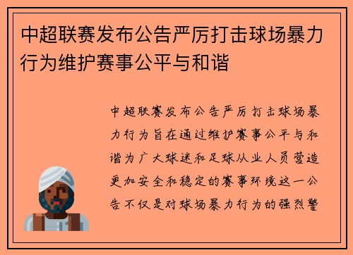 中超联赛发布公告严厉打击球场暴力行为维护赛事公平与和谐