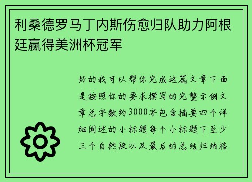 利桑德罗马丁内斯伤愈归队助力阿根廷赢得美洲杯冠军