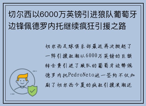 切尔西以6000万英镑引进狼队葡萄牙边锋佩德罗内托继续疯狂引援之路