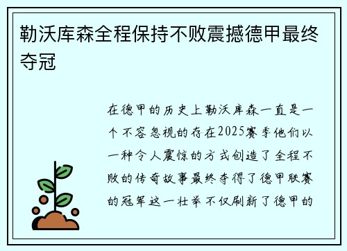 勒沃库森全程保持不败震撼德甲最终夺冠