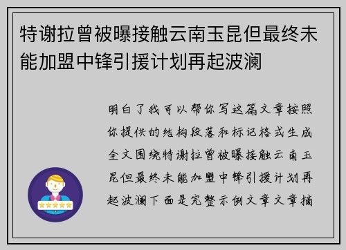 特谢拉曾被曝接触云南玉昆但最终未能加盟中锋引援计划再起波澜